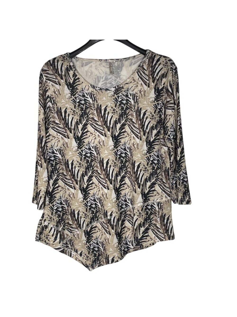 Lulu B Tropical Leaf Abstract Asymmetrical Hem Loose Knit Stretch Top Sz SM